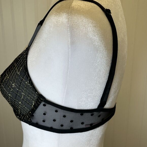 Victoria’s Secret Bra 32 C Angels Unlined‎ Underwire Demi Black Gold Lace Mesh - Picture 3 of 13